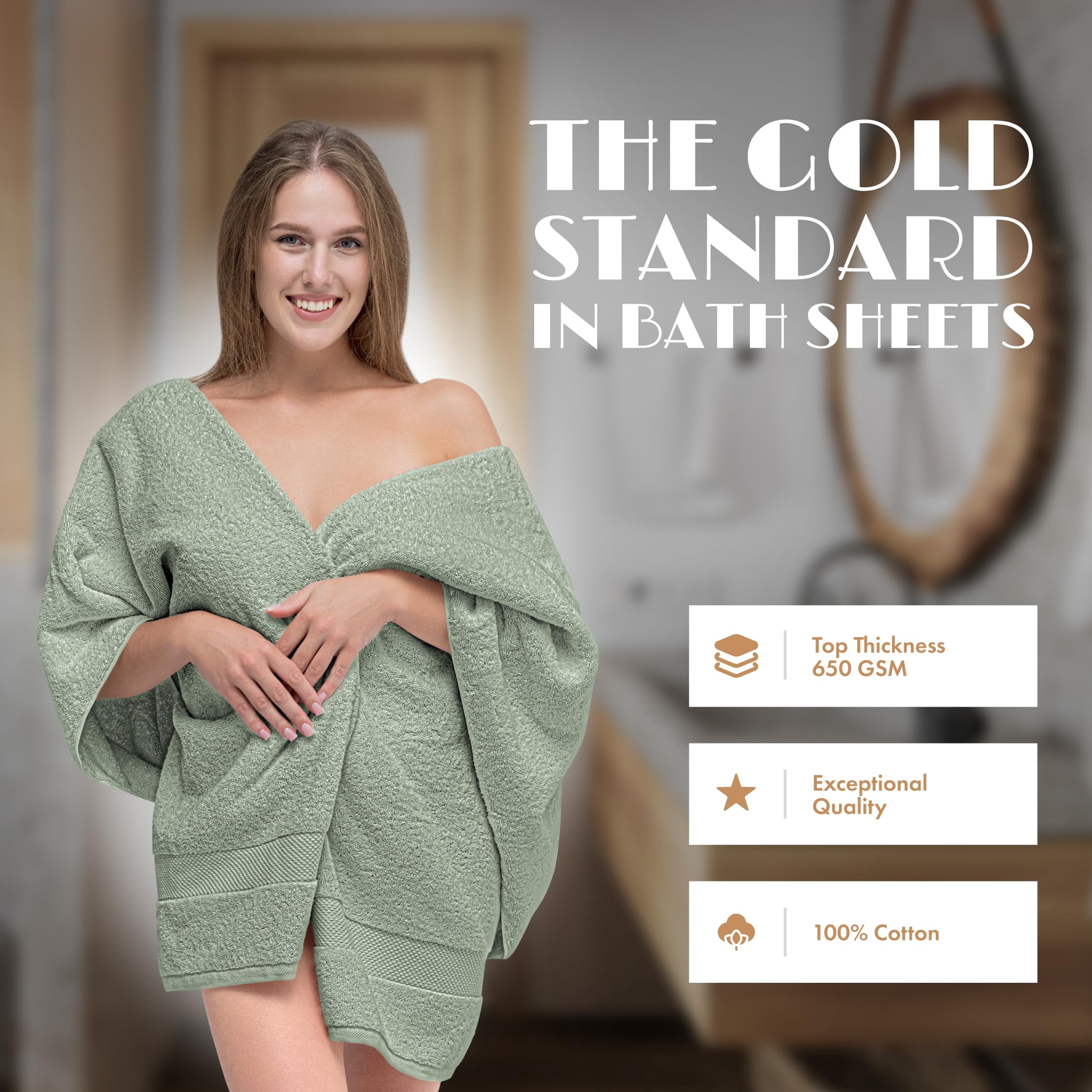 White Classic Luxury 650 Gsm Cotton Bath Sheet Towels, Extra Large Bathroom Towels Oversized, Green, 35 x 70, 2 Pack
