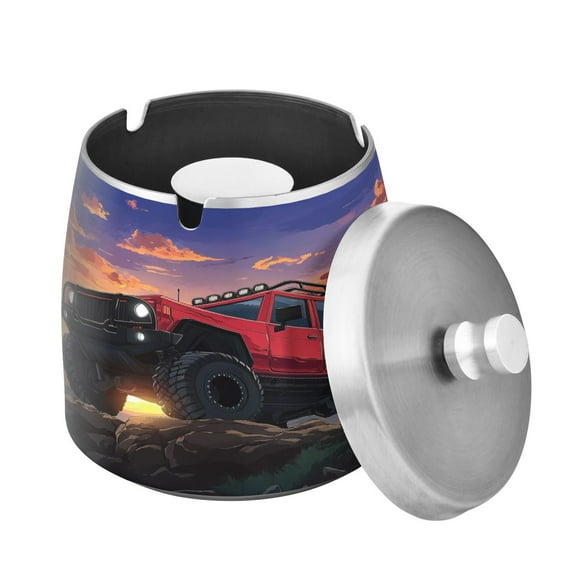 (9.3*9.3*9.7inch)Ashtray with Lid for Cigarette, Stainless Steel Smokeless Odorless Windproof Ashtrays, for Home Office Tabletop Outside Patio Outdoor Balcony A Rugged Red Car