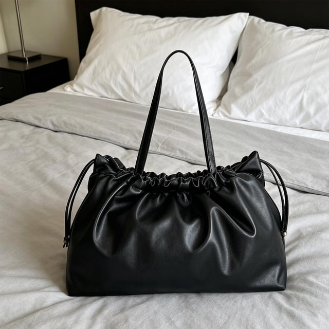 Ohmyroo Oversized Faux Leather Tote with Drawstring Closure
