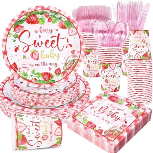 350 Strawberry Baby Shower Decorations for 50 Guests A Berry Sweet Baby is On The Way Party Supplies for Girls Disposable Dinnerware Set Paper Plates Napkins Cups