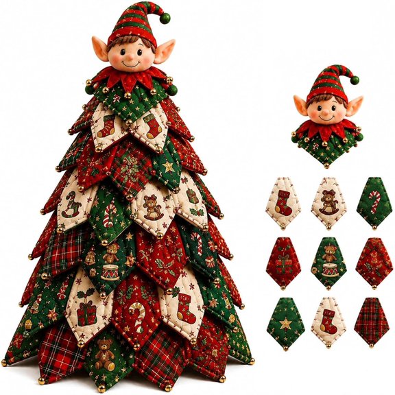 DIY Quilted Christmas Tree Craft Kit, Fabric Patchwork Tabletop Christmas Tree with Santa Topper, SewโYourโOwn Mini Christmas Tree Decor for Home Holiday Decoration