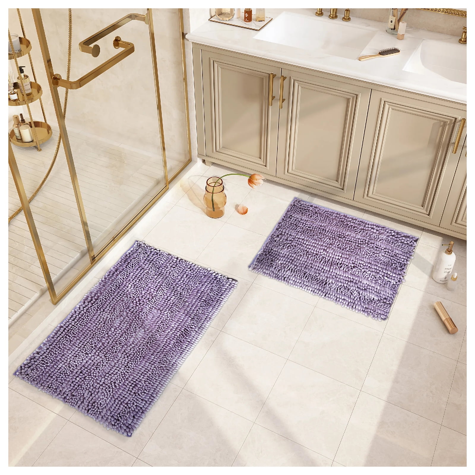 Civkor Bathroom Rugs,Chenille Bath Mat Set 2 Pieces Non Slip Backing,31x20 and 24x16Inch,Machine Wash,Quick Qry,Purple