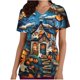 thumbnail image 1 of Tops Cortos para las Mujeres, Cuello en V Imprimido Halloween Manga Corta Ropa de Trabajo con Bolsillo, Poliéster Casual, 1 of 5