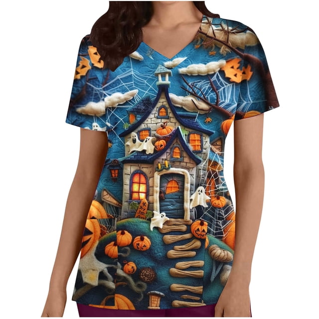 Funicet Hauts pour Femmes, Shorts pour Femmes, Haut de Travail à Manches Courtes Imprimé Halloween avec Poche, Hauts à Manches 3/4 pour Femmes, Hauts d'Halloween pour Femmes