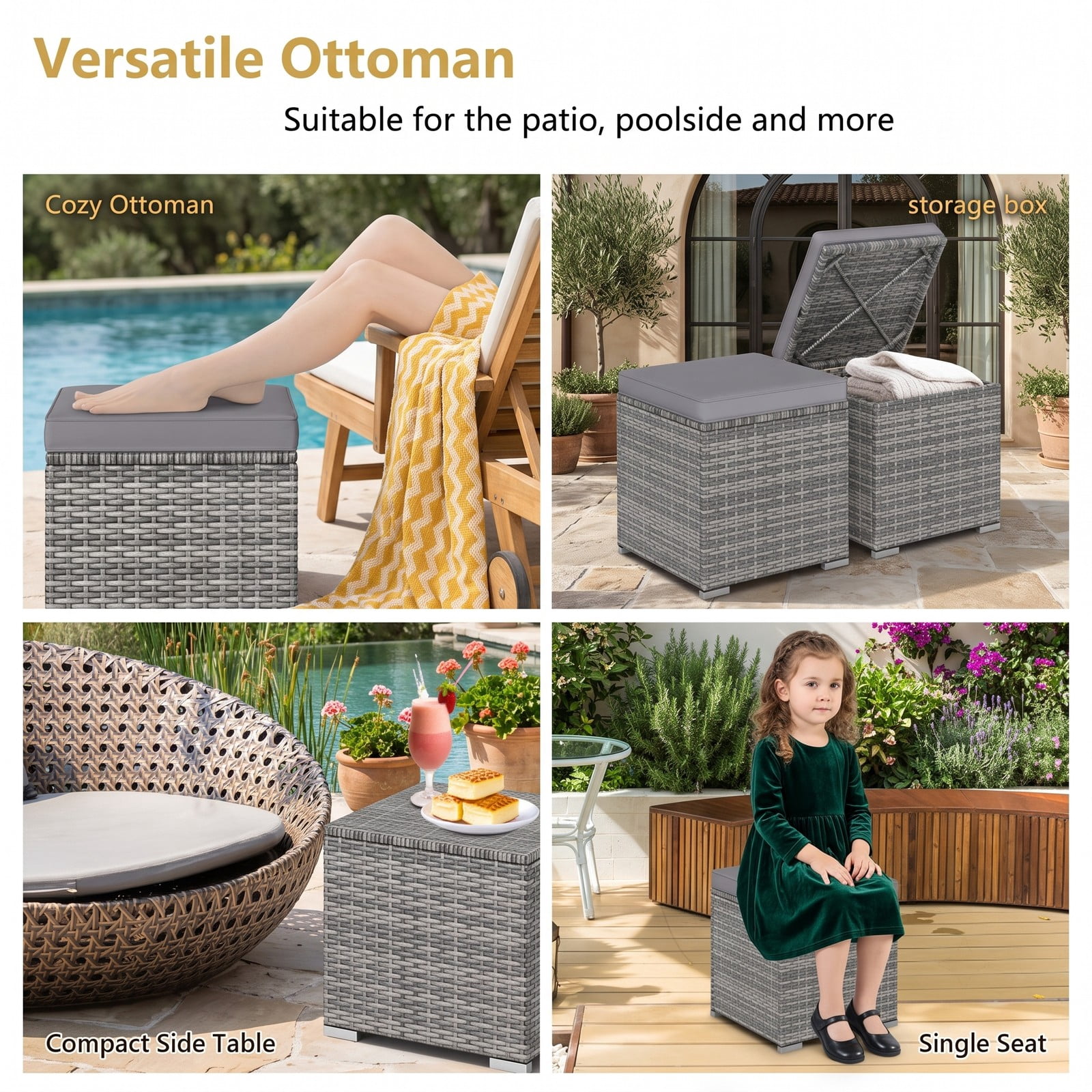 Furnibear Set of 2 Outdoor PE Wicker Patio Storage Ottomans with Hidden Space and Cushions for Foot Rest and Extra Seating, Gray