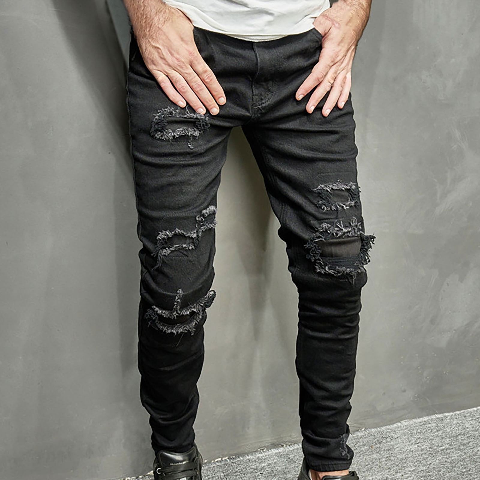 fartey Men Plus Size Jeans Pant Zipper Button Straight Leg Denim Trousers  with Broken Holes Pockets Slim Fit Pants, M-4XL 