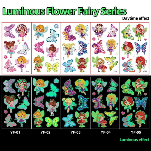 Luminous Tattoos For Kids, Fairy Temporary Tattoo Stickers, Glow In The Dark Tattoos for Boys and Girls, Fairy Fake Tattoos More Party Makeup Gifts 5 Sheets