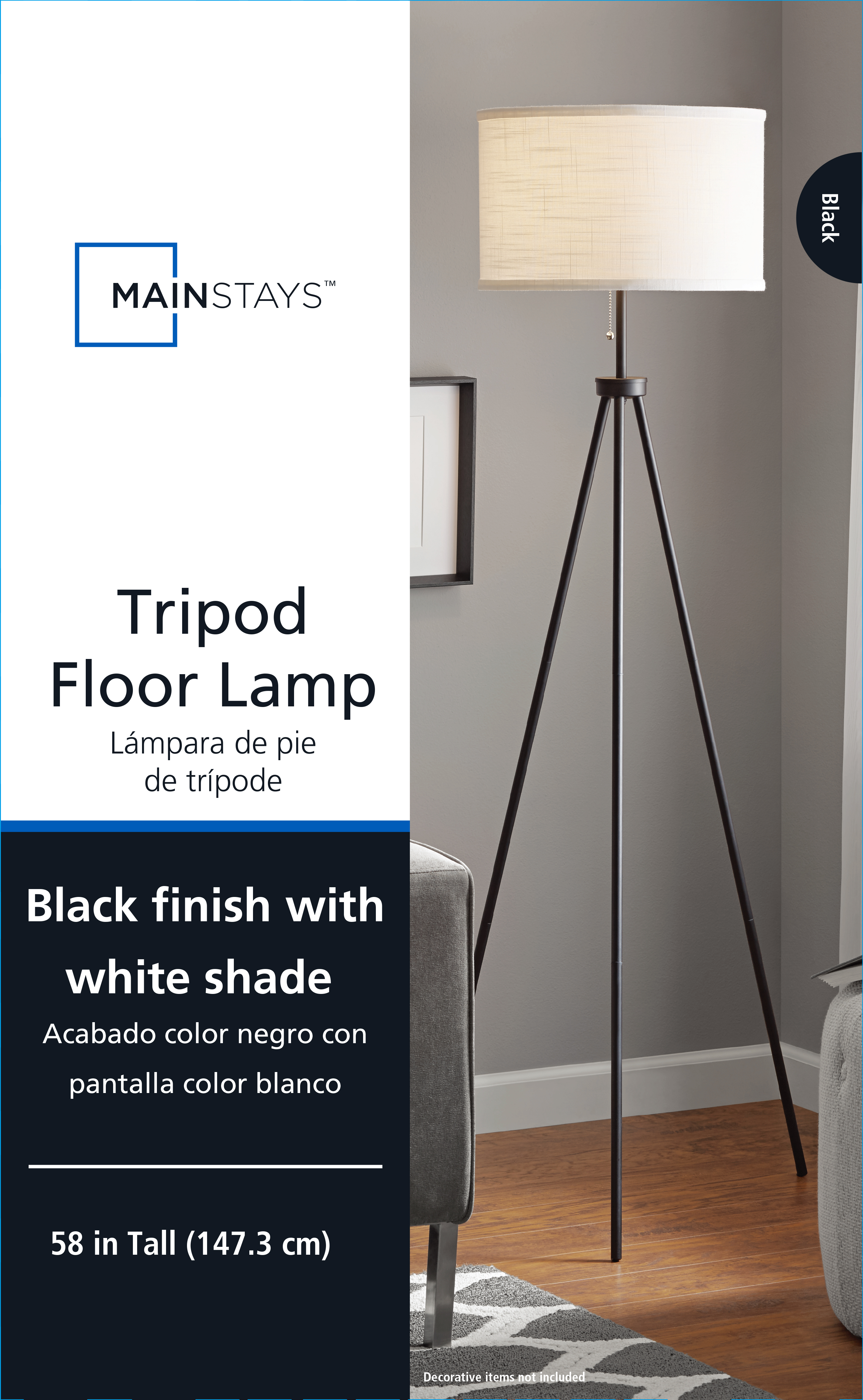 Mainstays 58" Black Metal Tripod Floor Lamp, Modern, Young Adult Dorms and Adult Home Office Use. - image 4 of 5