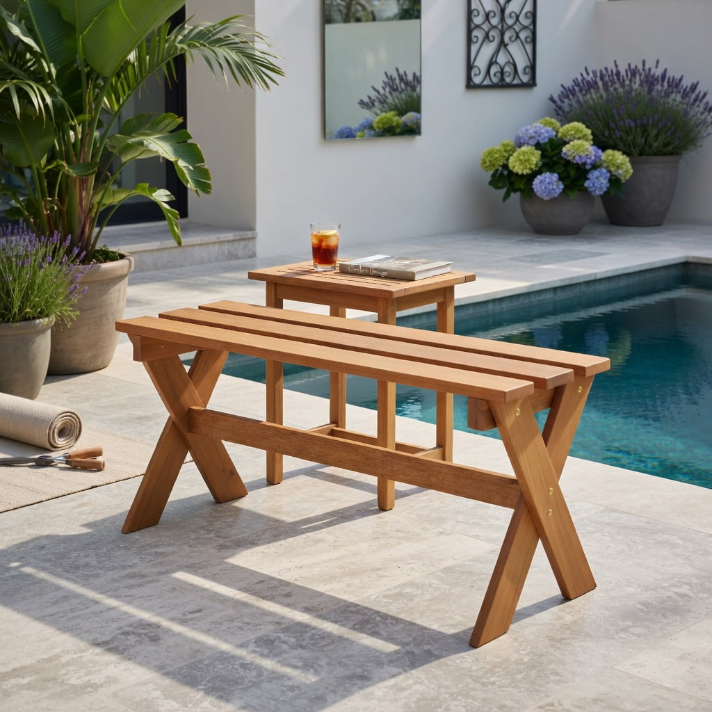 Hommoo 36" Solid Hardwood Outdoor Patio Bench, Backless Teak Oil Finished Dining Bench for Garden, Porch & Entryway, Natural