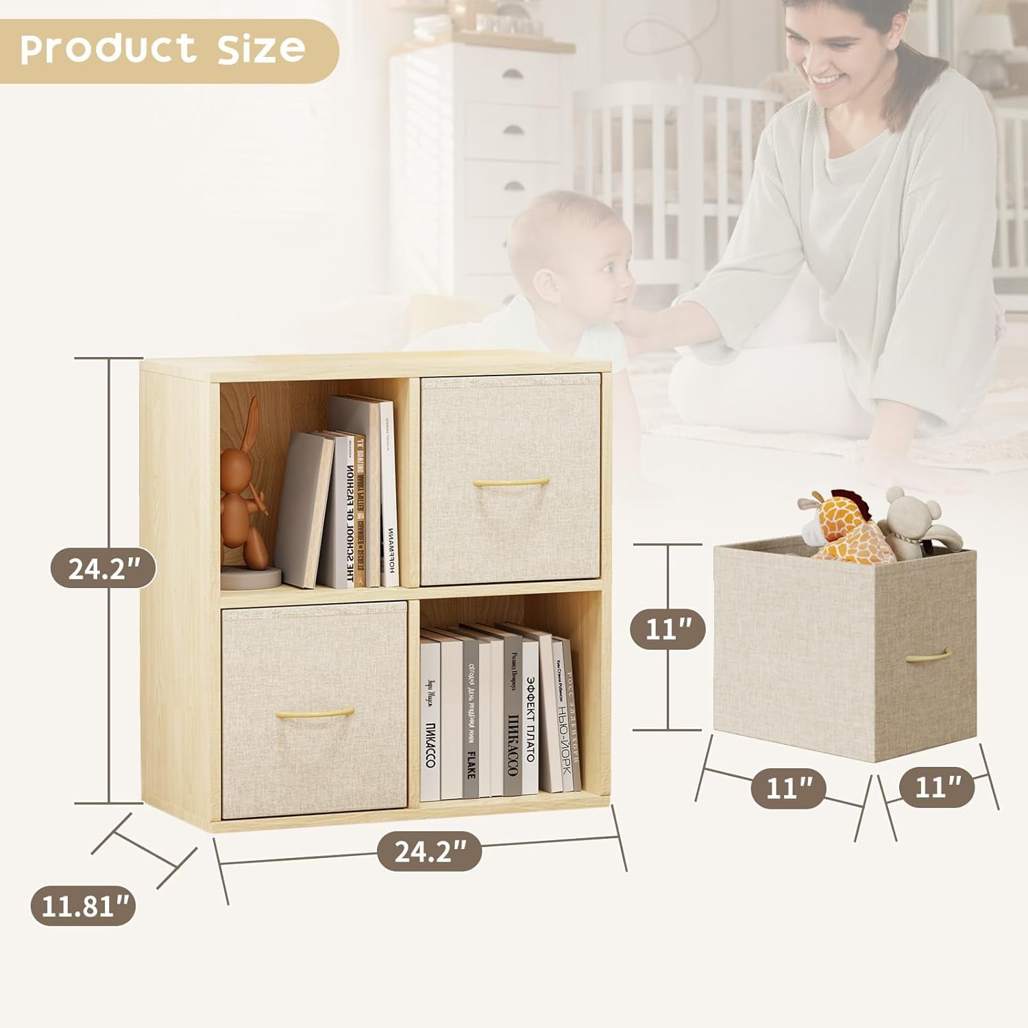 4 Cube Storage Organizer - Solid Wood Bookshelf with 2 Storage Bins, Cube Shelf with 2 Removable Back Panels, Vertical or Horizontal Bookcase, Open Book Shelf for Bedroom, Living Room, Office