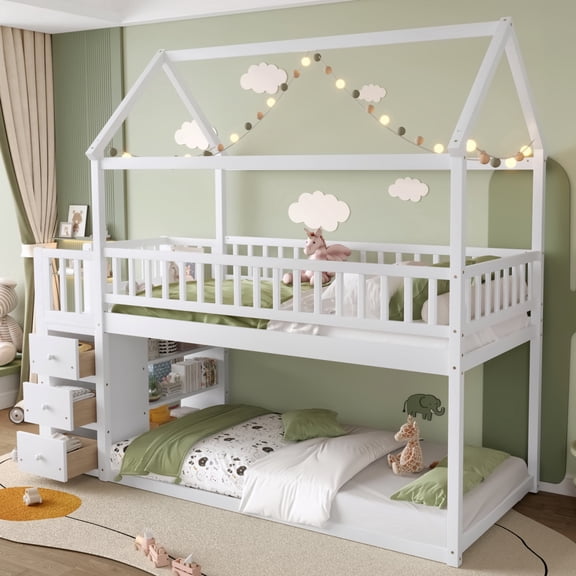 House Twin-over-Twin Bunk Bed with Shelves and Drawers White
