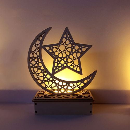 Eid Mubarak Ramadan Lampada a LED in legno Muslim Ramadan Festival Decorazione mezzaluna Star Lanterns Decorazione essenziale per preghiere Ramadan Luce notturna per Islam Muslimico Eid 