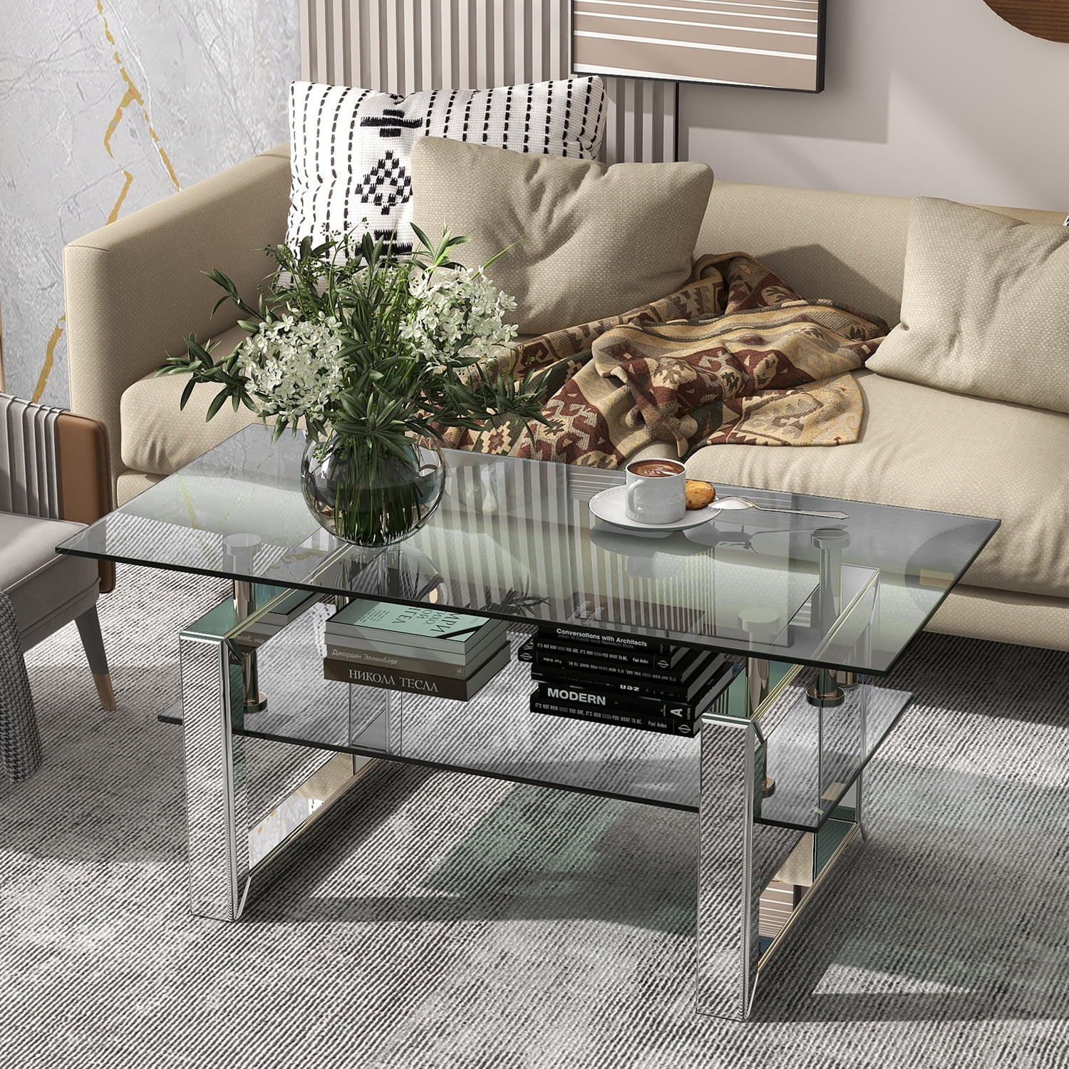 Kadyn Transparent Tempered Glass Coffee Table, Sofa Center Table with Lower Shelf and Metal Legs, Rectangle Tea Table for Living Room, Silver