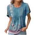 thumbnail image 2 of up to 60% off Gifts Usmixi Shirts for Women Plus Size Cold Shoulder Vintage Graphics Tunic Tops Tees Summer Trendy Floral Print Short Sleeve Round Neck Ladies Blouses Blue XXXXL, 2 of 6