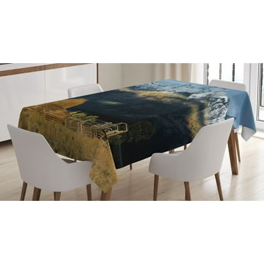 Ambesonne Wyoming Tablecloth Rectangular Table Cover, Rustic Wooden Hut Mountains, 52"x70", Multicolor