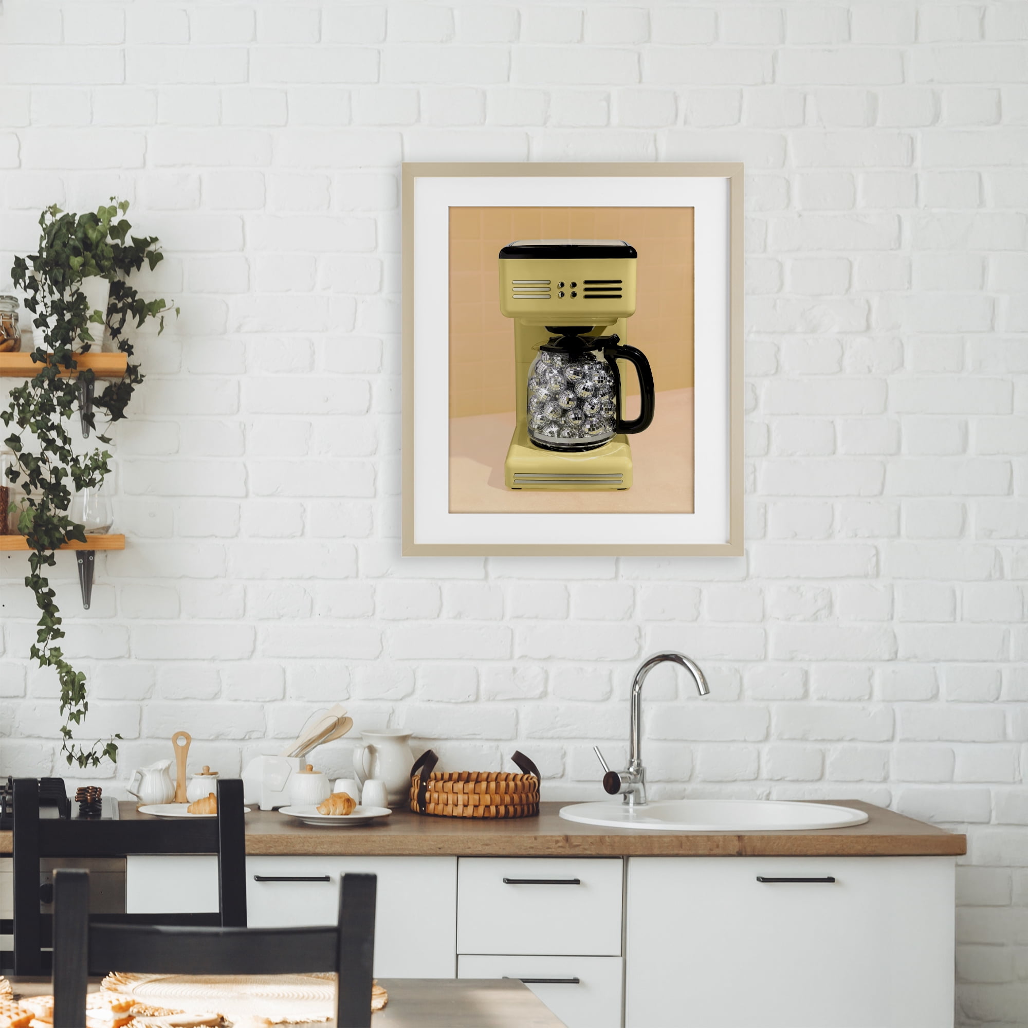 Stupell Industries Disco Coffee Maker over Yellow Birch Framed Print Under Glass, design by LISH Creative