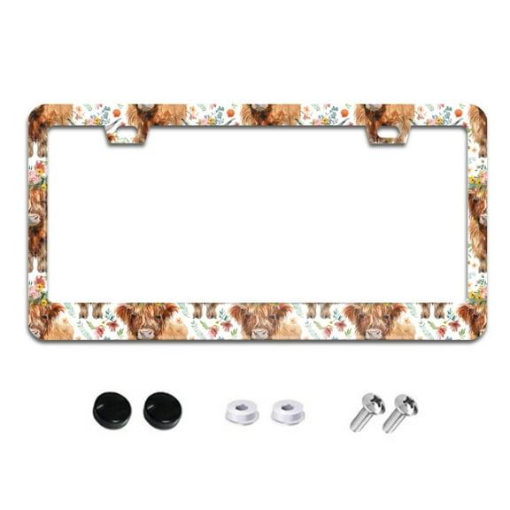 Watercolor Floral Highland Cow License Plate Frames for Women Men Car Plate Holder Cover Metal Tag Aluminum Car Accessories Front Rear Plate Decor