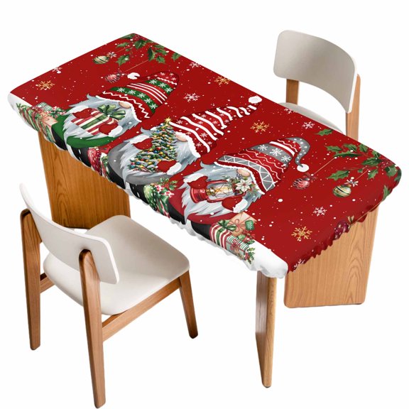 Red Gnomes Christmas Table Cloths for 5 Foot Rectangle Tables, Xmas Ball Gifts Snowflake Patio Waterproof Elastic Fitted Tablecloths, Washable Rectangular Table Cover for Camping