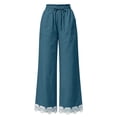 thumbnail image 4 of Women's Lightweight Lace Hem Beach Pants Ruffle Elastic Waist Wide Leg Palazzo Pants Textured Summer Pockets Casual Pants Fashion Bottoms Dark Blue, 4 of 7