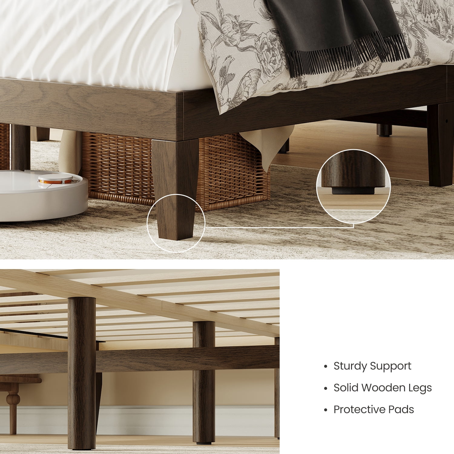 EOP Full Size Bed Frame, Solid Wood Bed Frame with Under Bed Storage, Platform Bed Frame with Wooden Slats, No Box Spring Required, Espresso