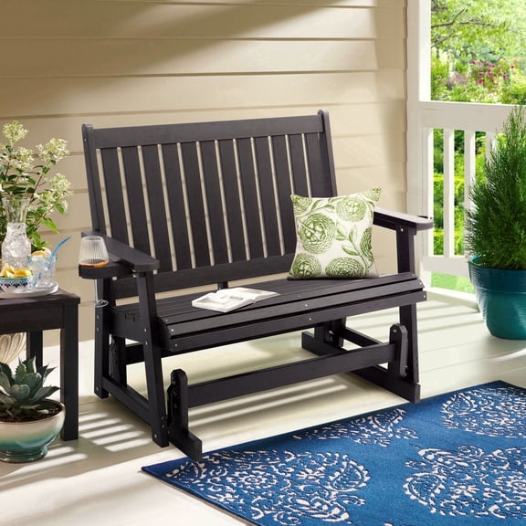 Innovaze Poly Lumber HIPS Patio Glider with Cup Holders, High Backrest and Deep Contoured Seat, All-Weather Resistant for Outdoor Porch Garden,Heavy Duty 900 lbs (2-seater, Carbon Black)