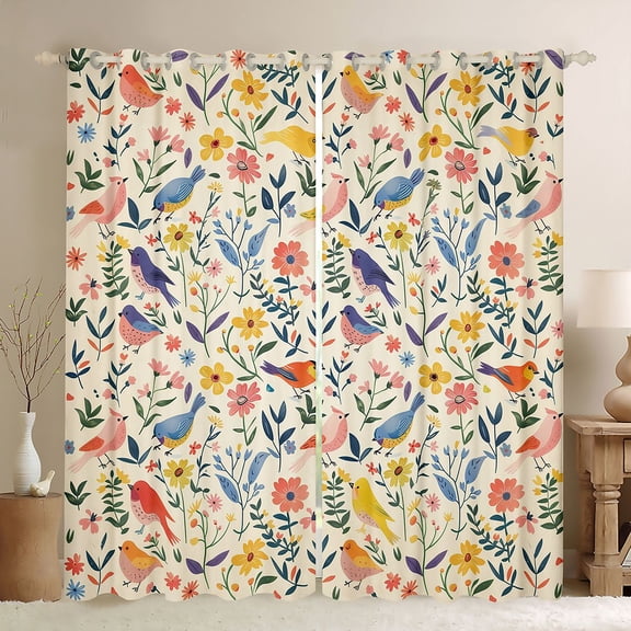 Castle Fairy Children Teens Adults Chic Floral Flowers Black Out Curtains,Kawaii Colorful Birds Curtains Pack of 2 (42x63 Each),Retro Vintage Aesthetic Bedroom Curtains,Microfiber Bedroom Decor