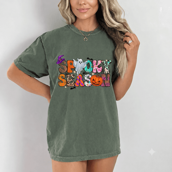 Spooky Season Halloween Shirt, Colorful Patchwork Ghost Pumpkin Graphic Tee, Comfort Colors Fall Unisex T-Shirt - Moss, S