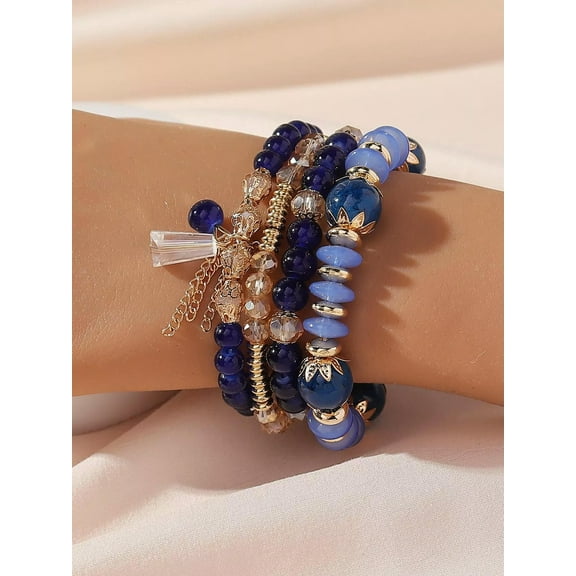 QQTDFG 4pcs/set Navy Blue Glass Geometric Charm Beaded Bracelet Women Bracelet-default