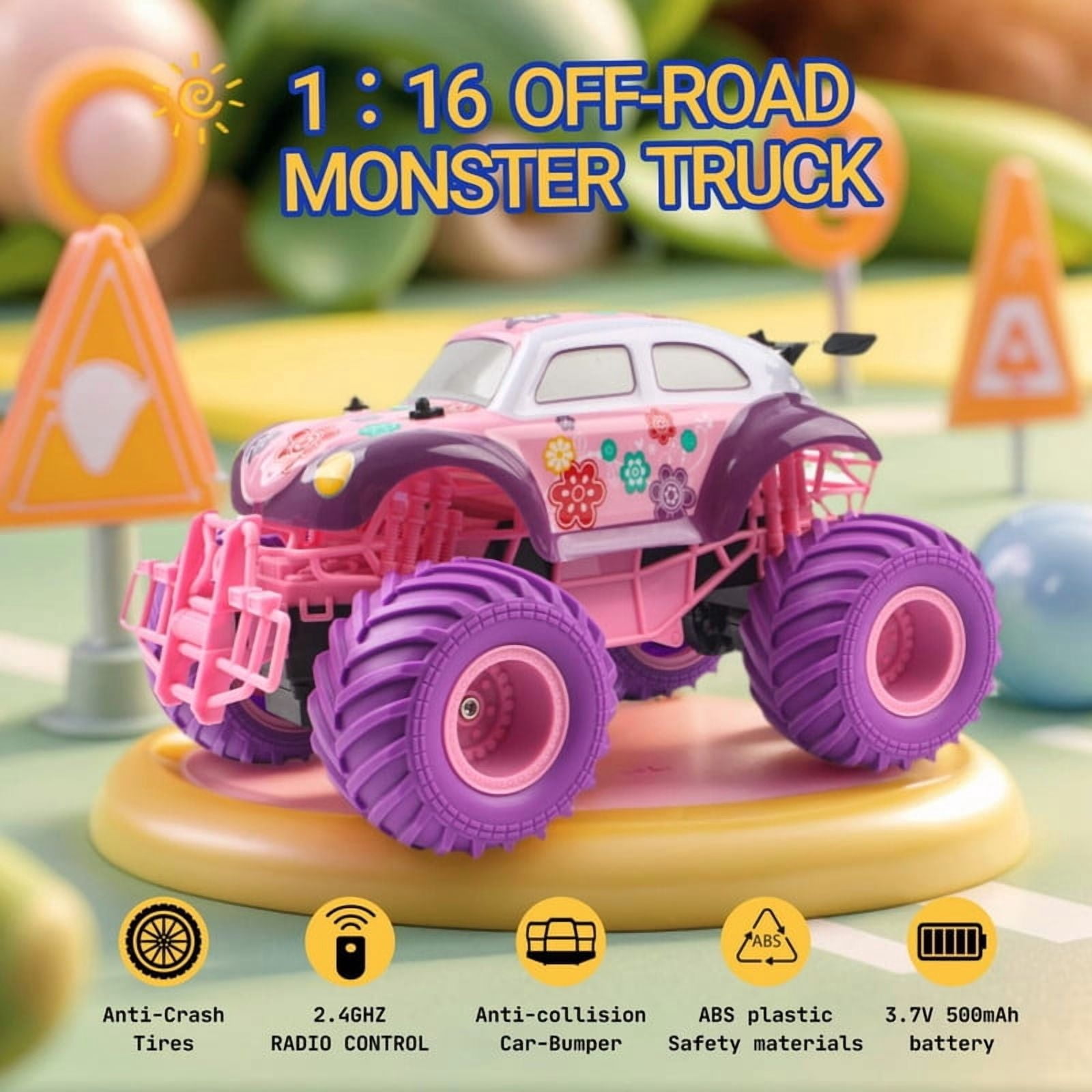 Funtogether Toys 1:16 Scale 2.4GHz RC All-Terrain Off-Road Monster & Beetle Bug Cars – Remote Control Toys for Girls Ages 6-12 (Pink & Purple) with Box