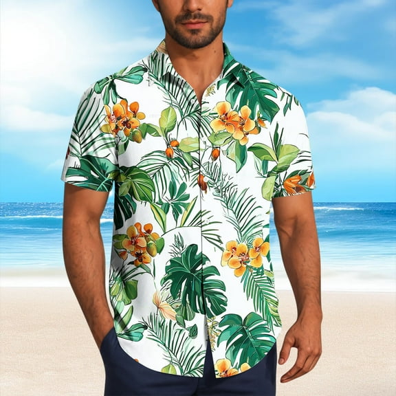 Zylanna Men's Hawaiian Shirts, Short Sleeve Quickly Dry Turndown Collar Casual Summer Beach Button Down Shirts Green Size M