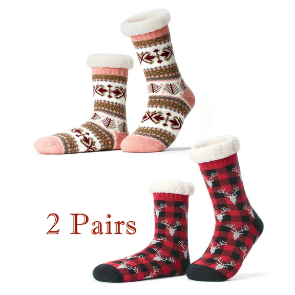 cosyone1997 Women’s 2-Pair Fuzzy Slipper Socks with Grips, Warm House Socks