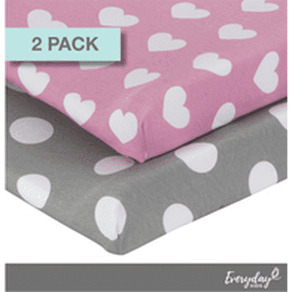 EVERYDAY KIDS 2 Pack Cotton Jersey Knit Changing Pad Cover - Hearts/Dots