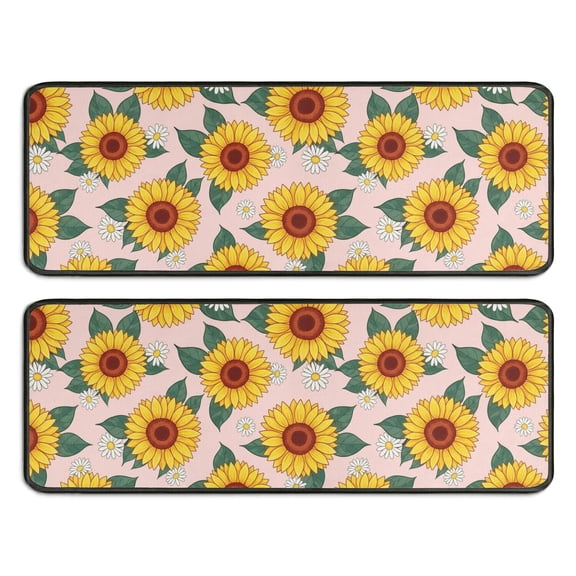 Sunflower and Daisy Pink Pattern Anti Fatigue Kitchen Rugs Set Of 2, Non Slip Washable Decorative Floor Mats for Sink Laundry and Home Use, 17"x47"