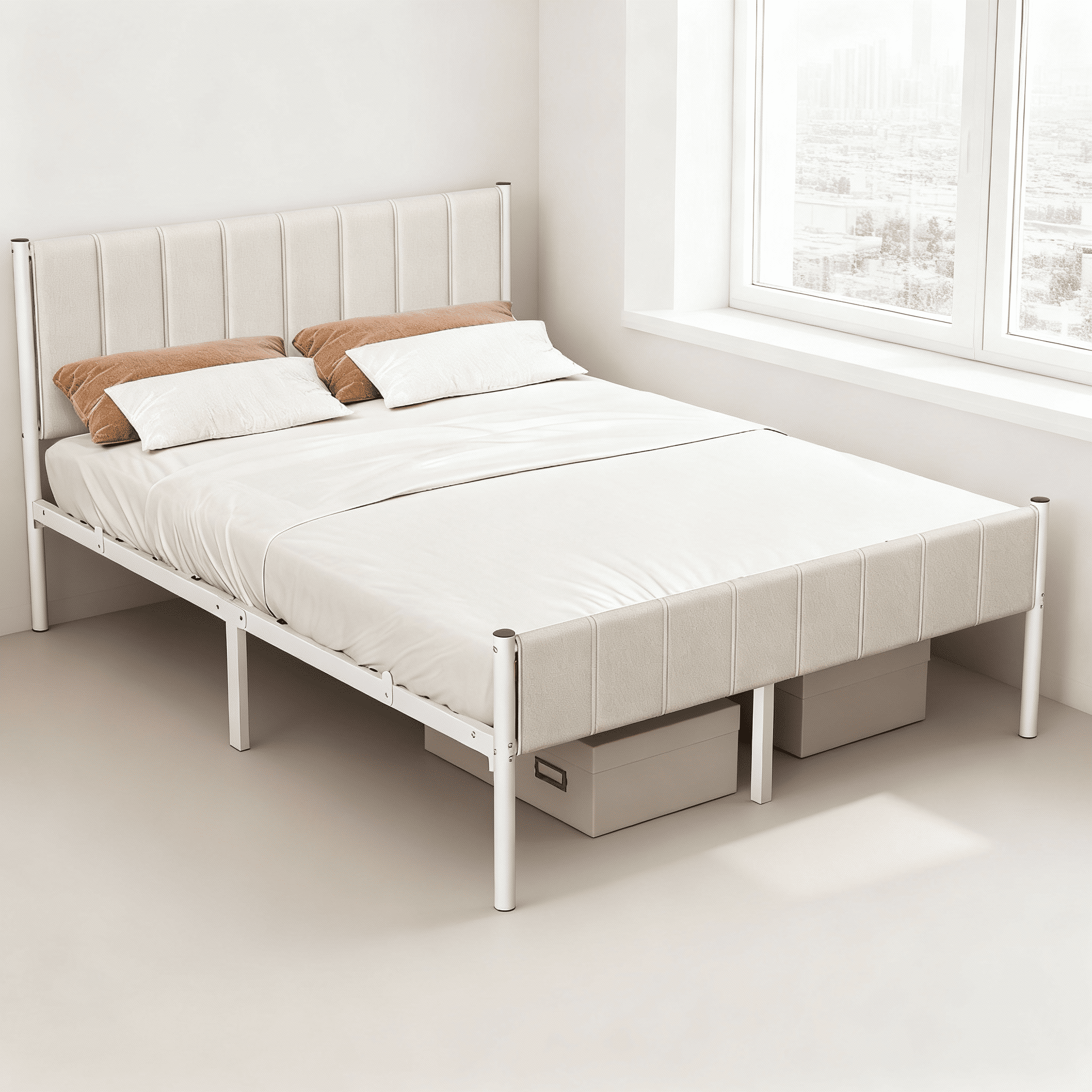 LEDREM Queen Size Metal Bed Frame with Upholstered Headboard and Footboard, 12.2-Inch Underbed Clearance, 1100 lb Capacity, Easy Assembly, Cappuccino Beige