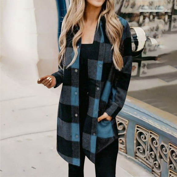 Plaid Shacket Jackets Shirts for Women Autumn And Winter Casual Plaid Shirt Medium Long Sleeve Coat Pocket Plaid Plus Size Coat Tops