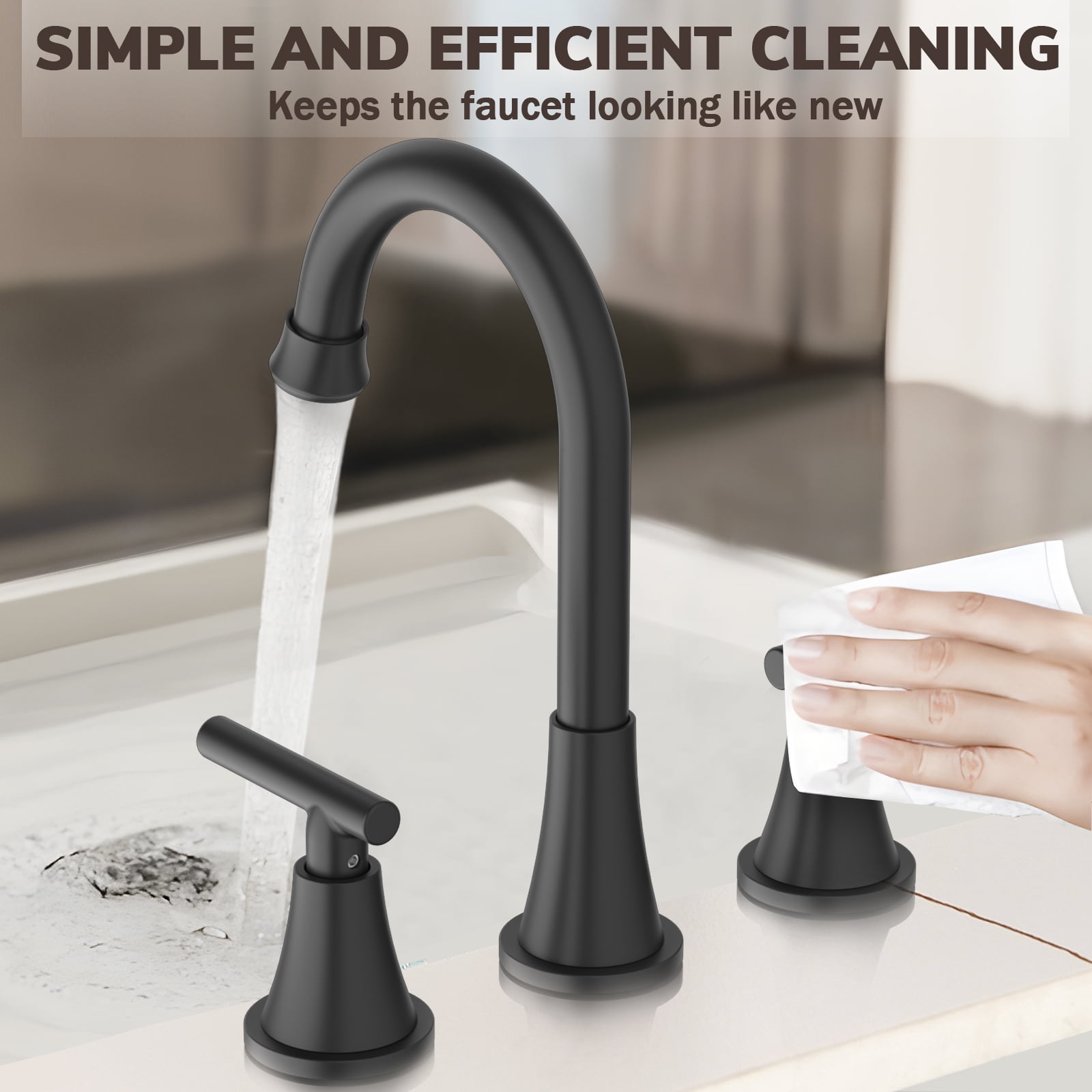 KINGTACK Bathroom Faucet for Sink 3 Hole, 8 Inch Bathroom Faucets with Pop-up Drain and Supply Lines, Matte Black
