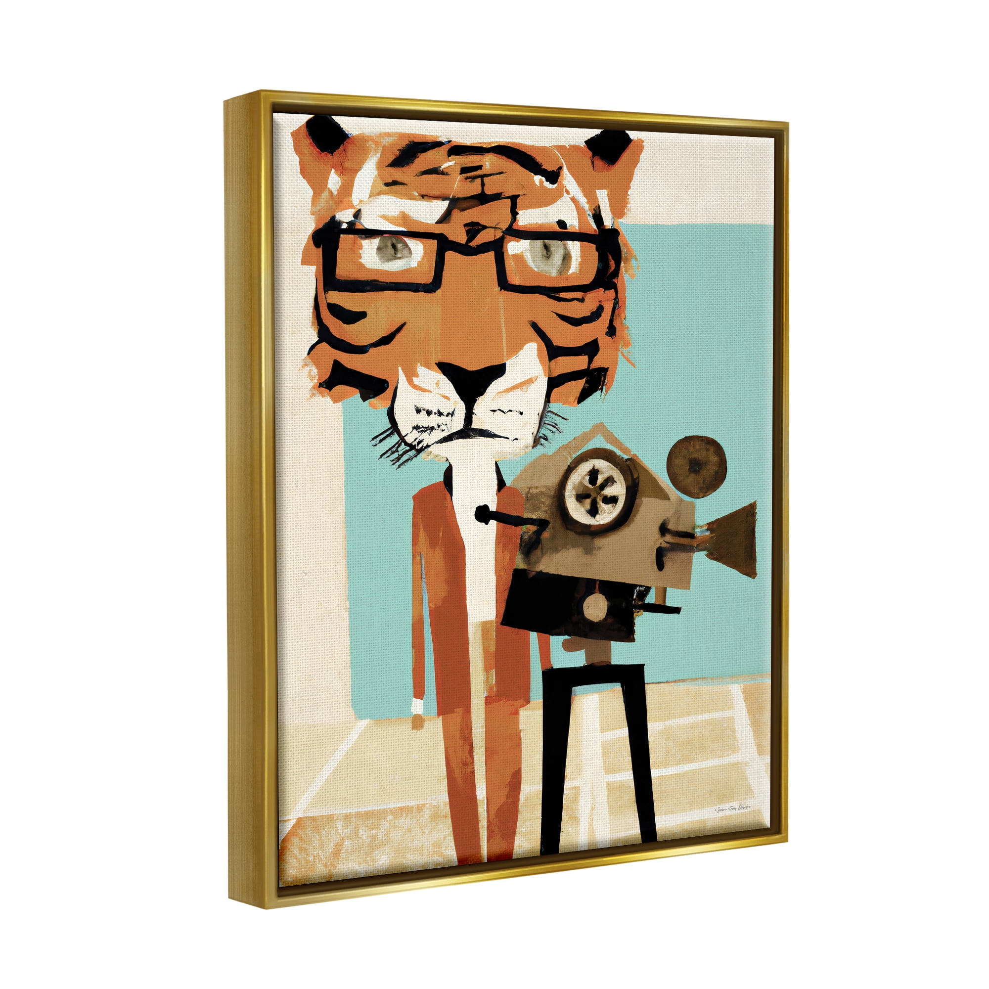 Stupell Modern Tiger Filming Camera Animals & Insects Painting Gold Floater Framed Art Print Wall Art