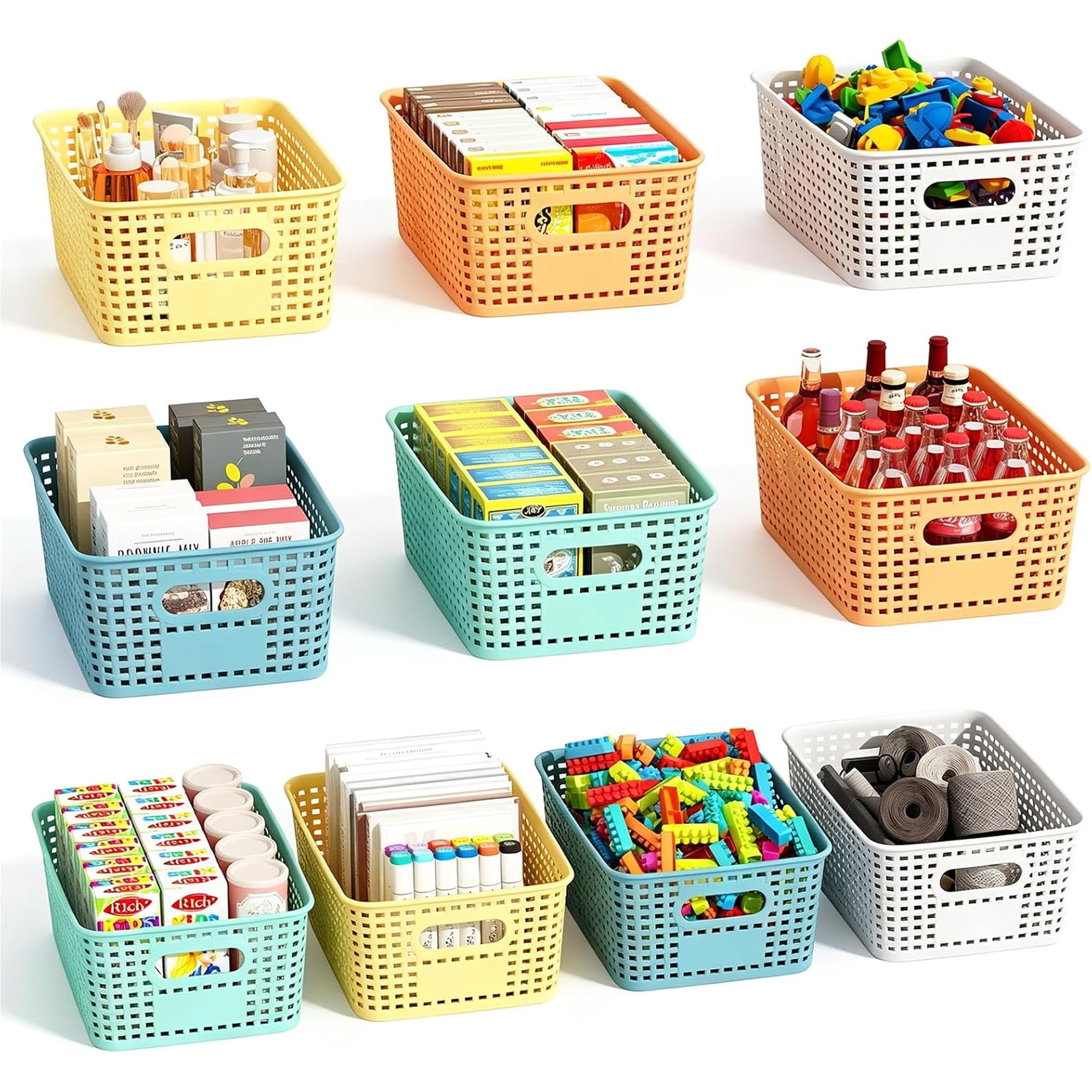Colorful Plastic Storage Baskets Bins for Home Organizing 10 Pack | Space-Saving Storage Container with Handles Multi-Purpose Storage Box for Cabinet Shelve Countertop Closet Classroom