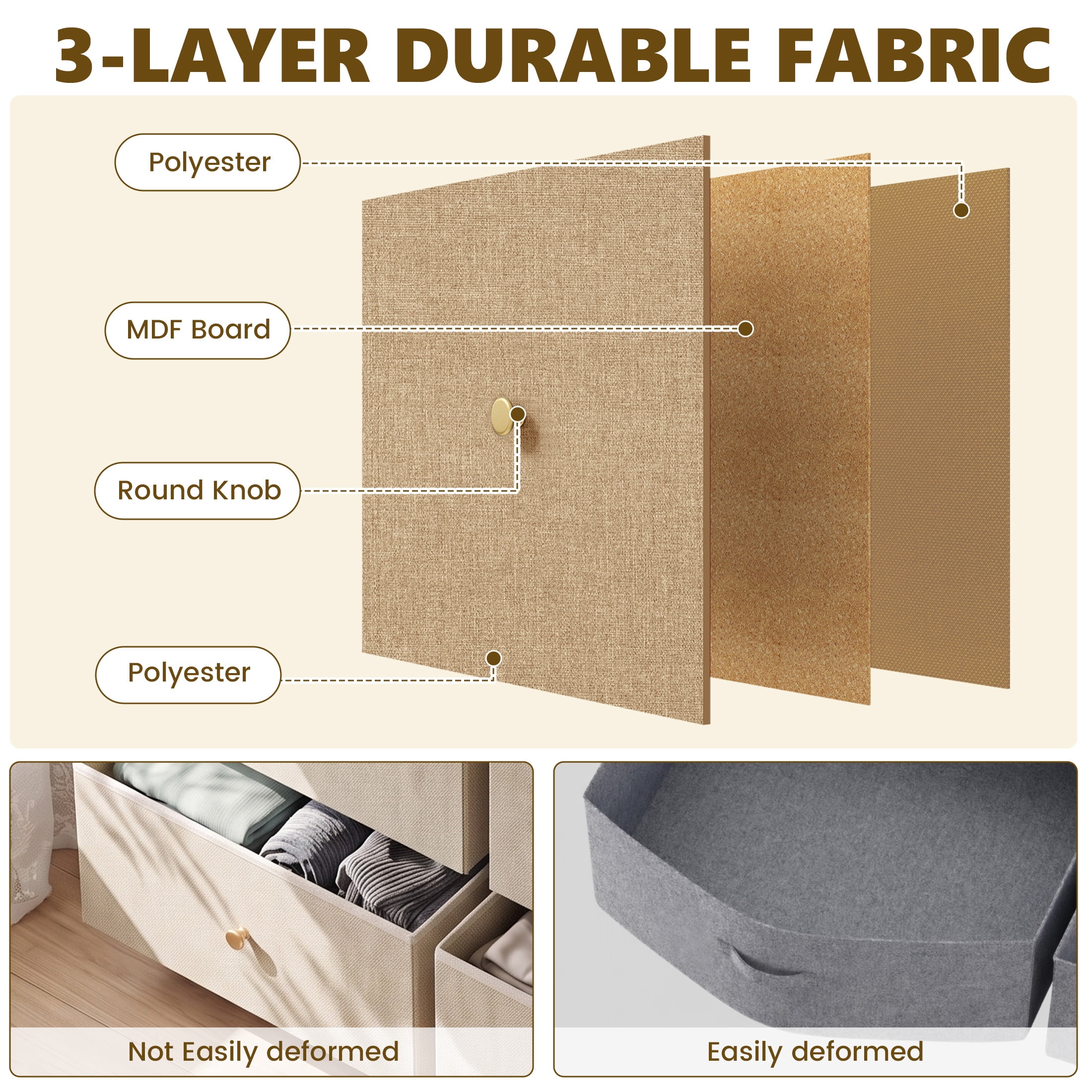 Gianna Chest of Drawers with 7 Fabric Drawers, Drawer Cabinet, Organization Furniture for Kitchen, Office, Hallway, Khaki