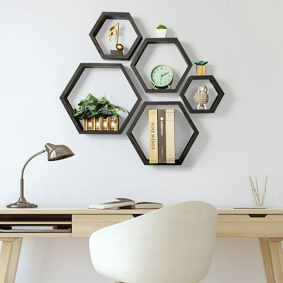 Set of 5 Wall Mounted Floating Shelves Hexagon Honeycomb Display Storage Rack