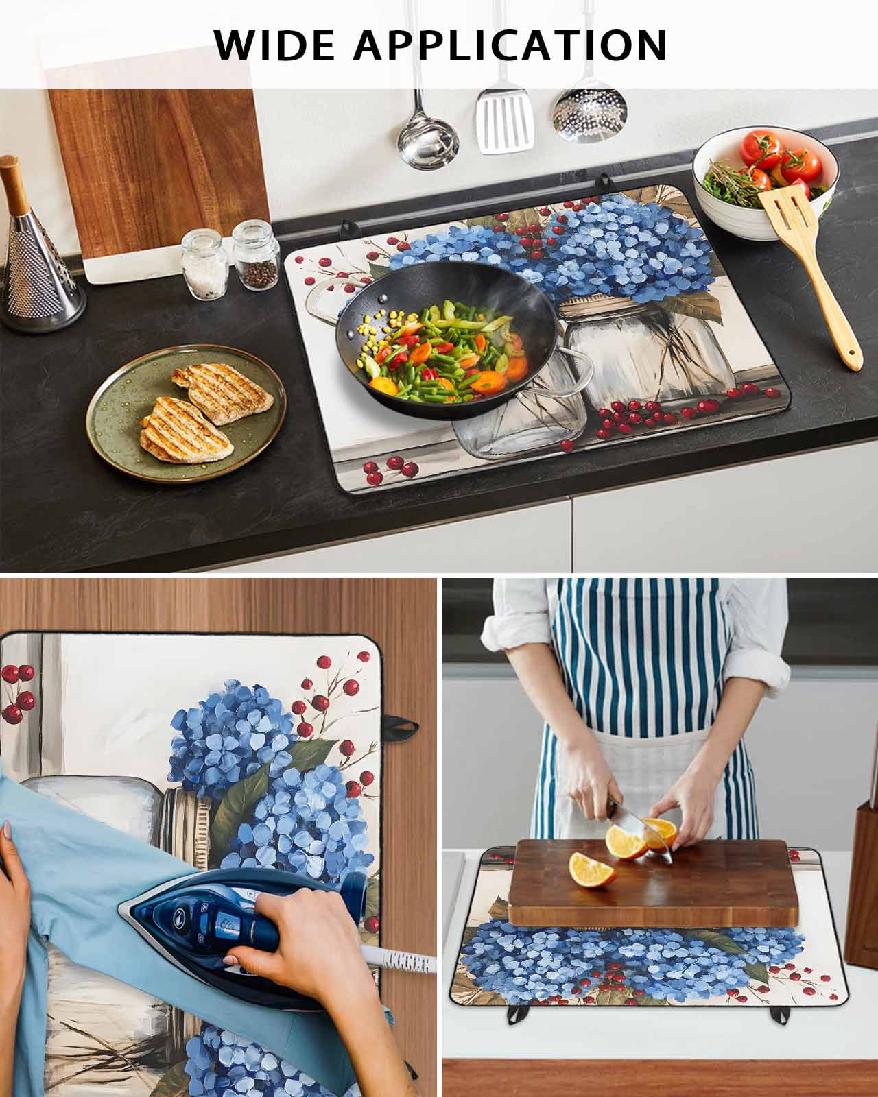 nqOlkjepod Large Induction Cooktop Protector Mat 24"x21", Blue Floral Stove Top Covers for Electric Stove, Bottle Floral Farm Fruit Spring Summer Stove Burner Cover Mats, Glass Top Stove Cover