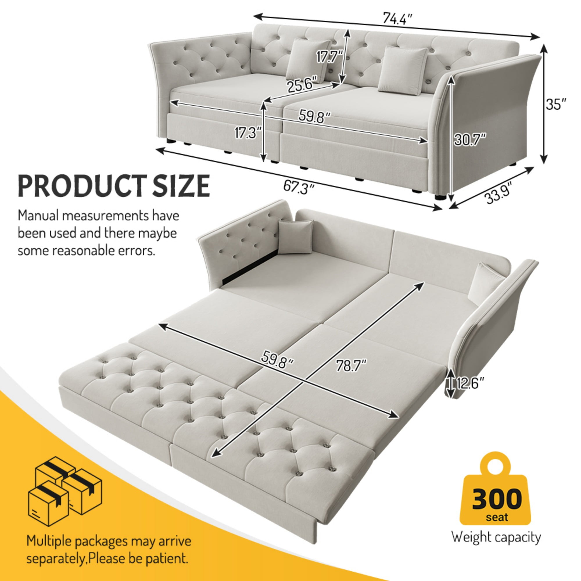 LLappuil 74" Queen Size Pull Out Sofa Bed, Loveseat Sleeper Sofa Couch Convertible Sofa Bed, Velvet Sofa for Living Room Light Gray