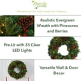 thumbnail image 2 of Nearly Natural 24" Mixed Pine Christmas Wreath w/35 Clear LED & Berries in Green, 2 of 6