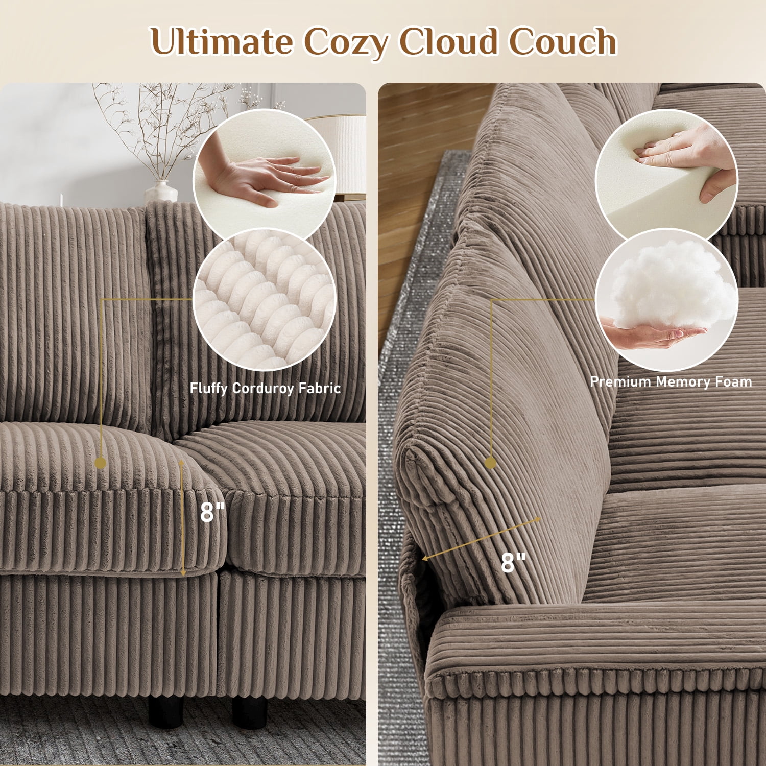 Wiilayok 153" Oversized U-Shaped Cloud Couch Sectional with Modular Design for Living Room: Comfy Corduroy, Ottoman, USB Port, Cup Holder, Armrest Storage, Side Pocket, Brown