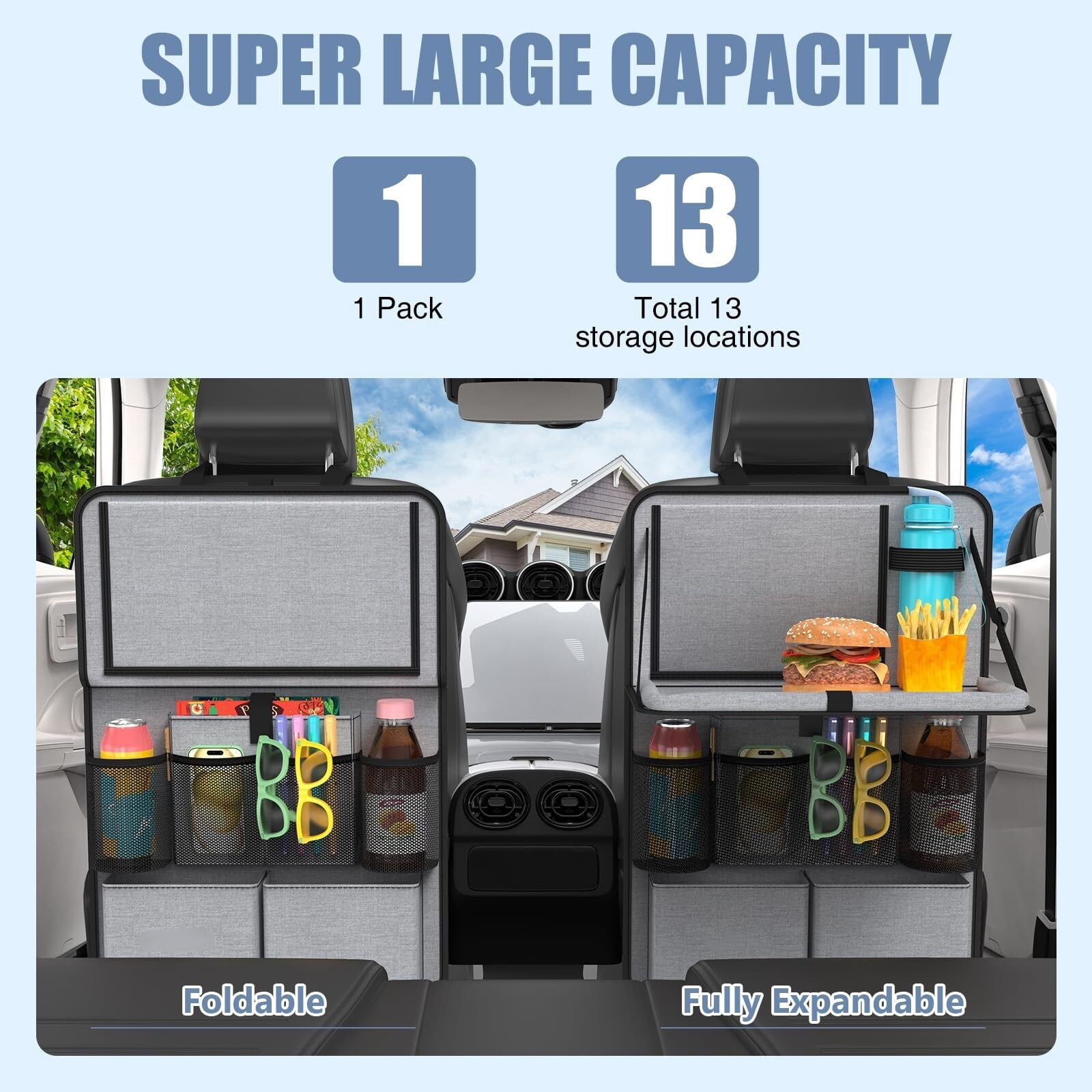 GUANGHUI Car Backseat Organizer with Tablet Holder,11 Storage Pockets with Foldable Food Tray, Protector Kick Mats for Kids, Travel Accessories Organizer (Gray, 1Pack)