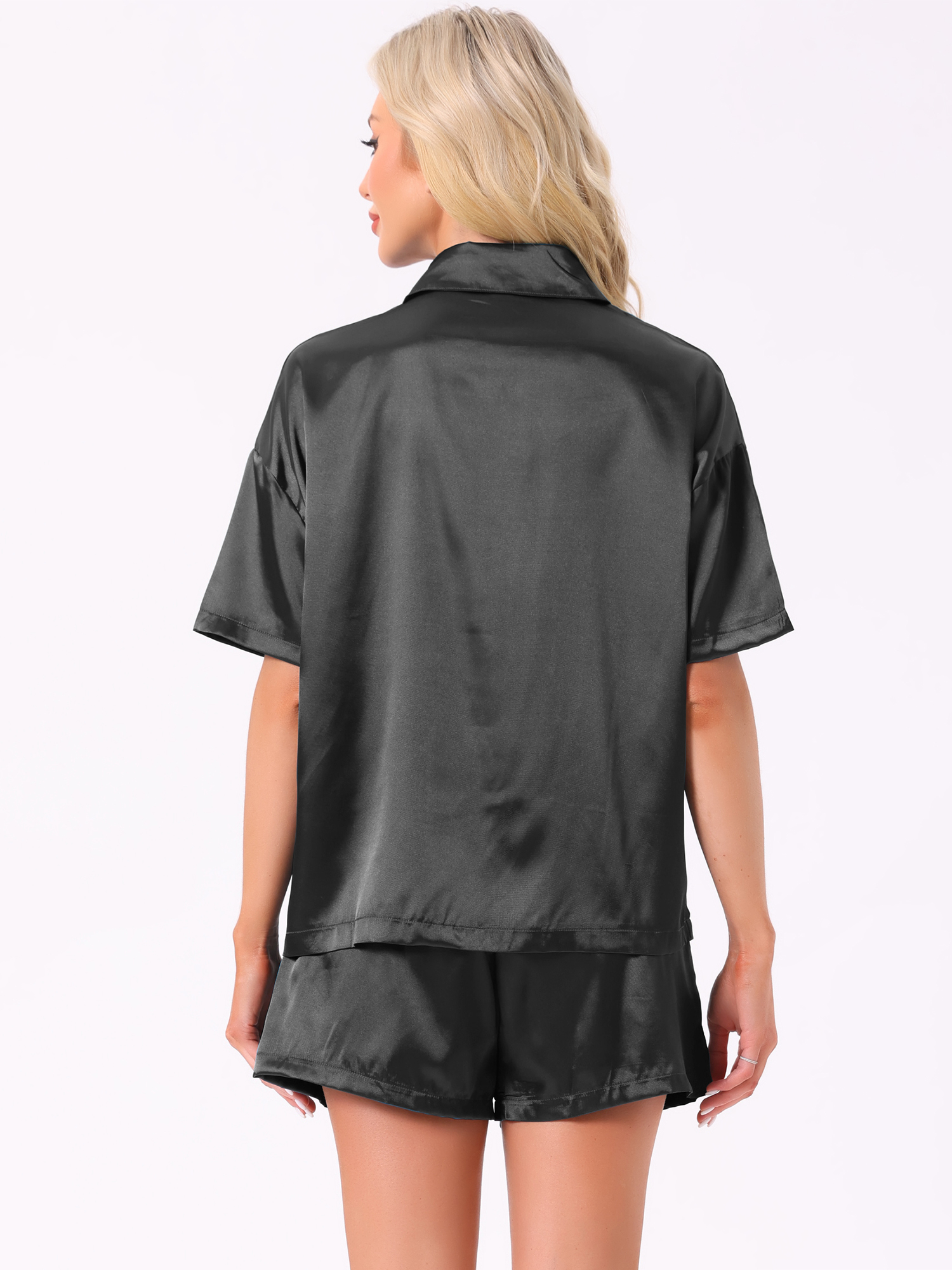 DARING DIVA Pajama Satin Oversize Casual Button Down Point Collar Set XL Black