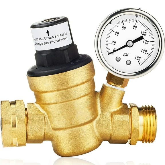 RV Water Pressure Regulator for RV Camper, Brass Lead-Free Adjustable RV Water Pressure Regulator with Gauge