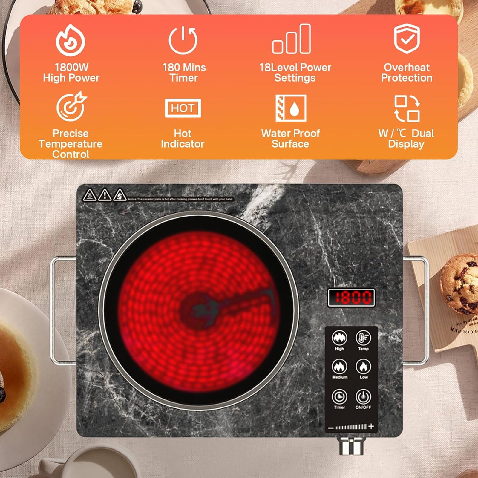 1800W Single Burner Electric Stove Top, Portable Infrared Electric Cooktop, 110V Ceramic Hot Plate with Handles, Countertop Stove Cooktop with Timer & Touch & Knob Control for All Cookware