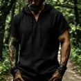 thumbnail image 2 of BVnarty Men's Summer Solid V Neck Short Sleeve Hooded Linen-Like Top Casual Street Vacation Daily Lightweight Fashion Tee Black L, 2 of 9