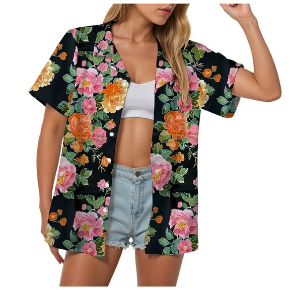 Gibobby Shirt for Women Short Sleeve Casual Button Up Shirts Summer Outfits Tropical Flamingo Shirts(Black,5XL)